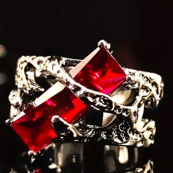 Ring Black Goth Wrap Red Crystal Black Zirconia Stone Rhinestones Silver Goth - Picture 6 of 6